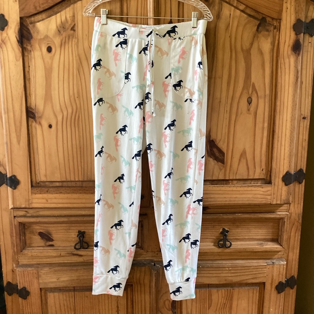 Women Aegean white blue pink horses pajama lounge pants - size M